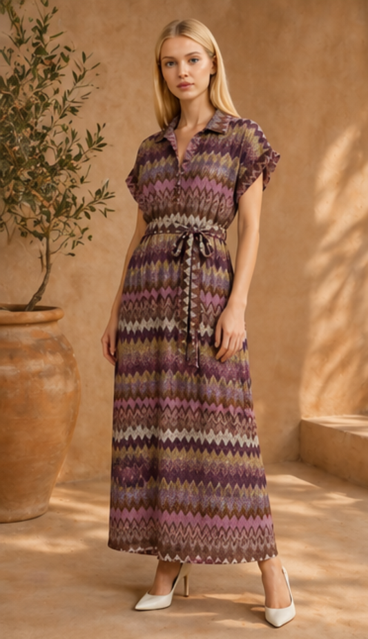 Woman wearing a patterned dress standing in a warm-toned room with a plant.