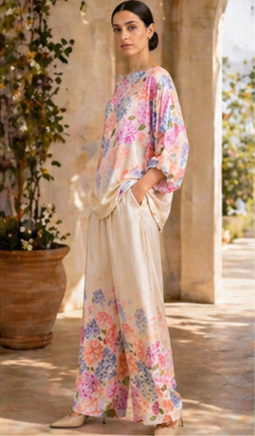 Woman wearing a floral dress standing in an outdoor setting with columns and plants.