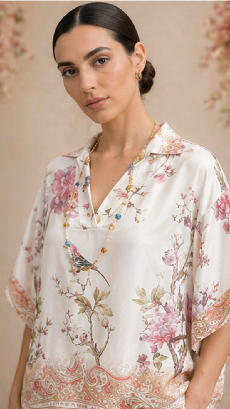 Woman wearing a floral blouse with a neutral background
