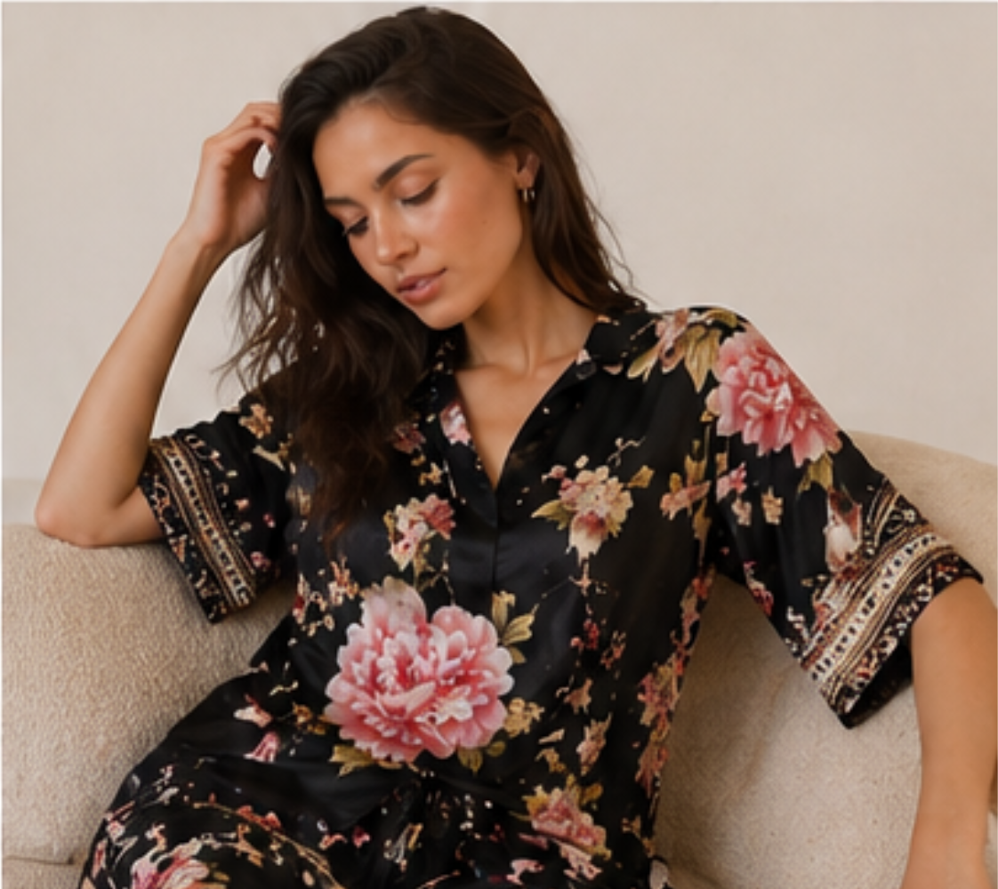 Woman wearing a floral dress sitting on a couch