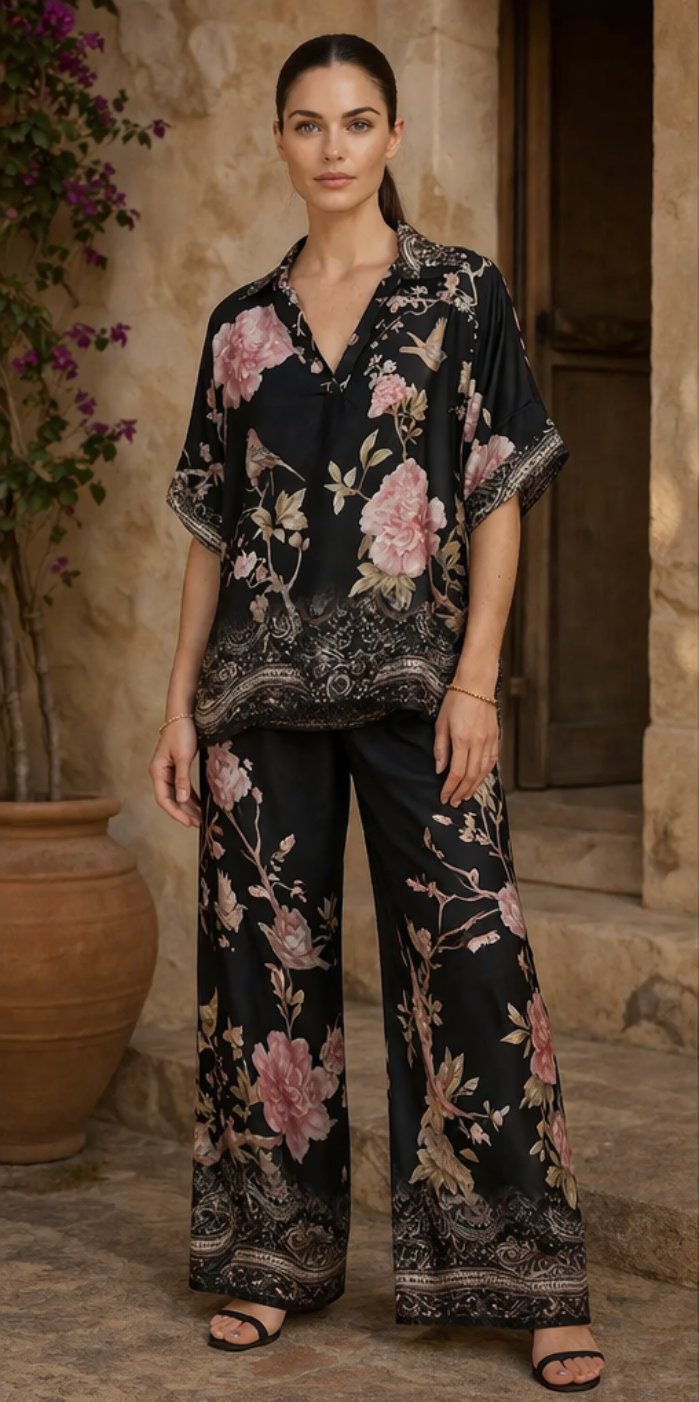 Woman wearing a black floral outfit in an outdoor setting