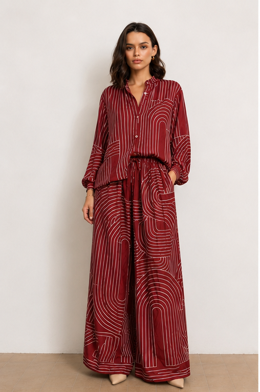 A model is shown in a four-panel collage wearing a matching two-piece outfit with a long-sleeve button-front top and wide-leg pants in a deep red color with a white wavy line pattern, set against a plain light beige studio background.