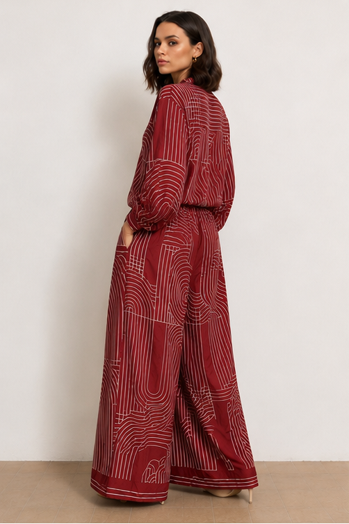 A model is shown in a four-panel collage wearing a matching two-piece outfit with a long-sleeve button-front top and wide-leg pants in a deep red color with a white wavy line pattern, set against a plain light beige studio background.