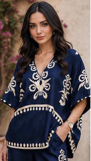 Woman wearing a navy blue dress with white embroidery against a blurred outdoor background