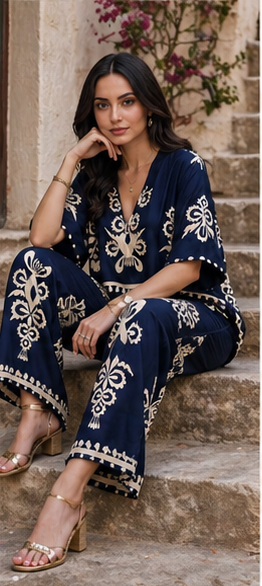 Woman modeling a navy embroidered set in various poses with product details.