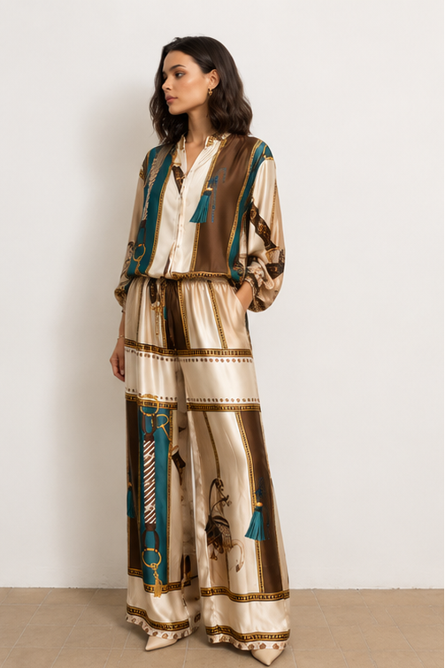 A four-panel collage showing a woman modeling a matching two-piece outfit. The set includes a long-sleeve button-front top and wide-leg pants, featuring a beige and brown striped base with teal and gold abstract graphic accents.