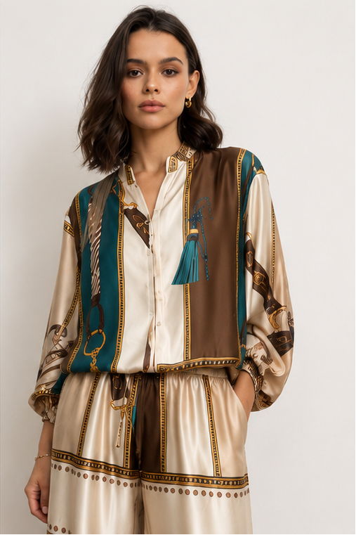 A four-panel collage showing a woman modeling a matching two-piece outfit. The set includes a long-sleeve button-front top and wide-leg pants, featuring a beige and brown striped base with teal and gold abstract graphic accents.