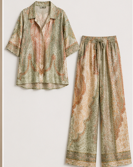 Zimmerman Woman wearing a patterned outfit with wide-leg pants, surrounded by plants and flowers.