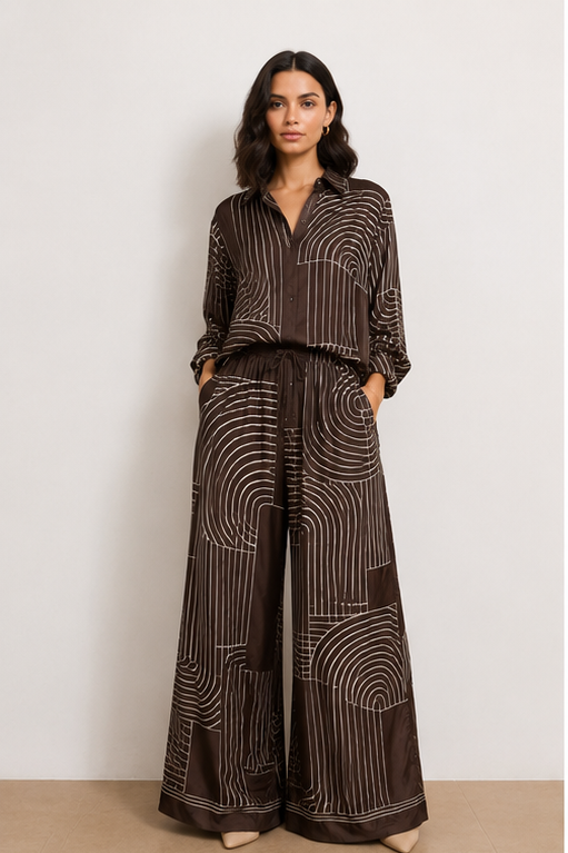 A model is shown in a four-panel collage wearing a dark brown and beige striped matching set consisting of a long-sleeve button-up shirt and wide-leg trousers. The set features a wavy, concentric stripe pattern.