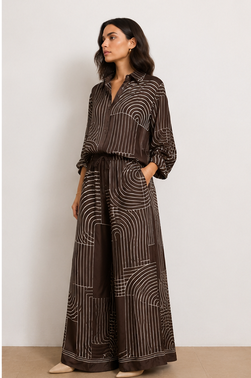 A model is shown in a four-panel collage wearing a dark brown and beige striped matching set consisting of a long-sleeve button-up shirt and wide-leg trousers. The set features a wavy, concentric stripe pattern.