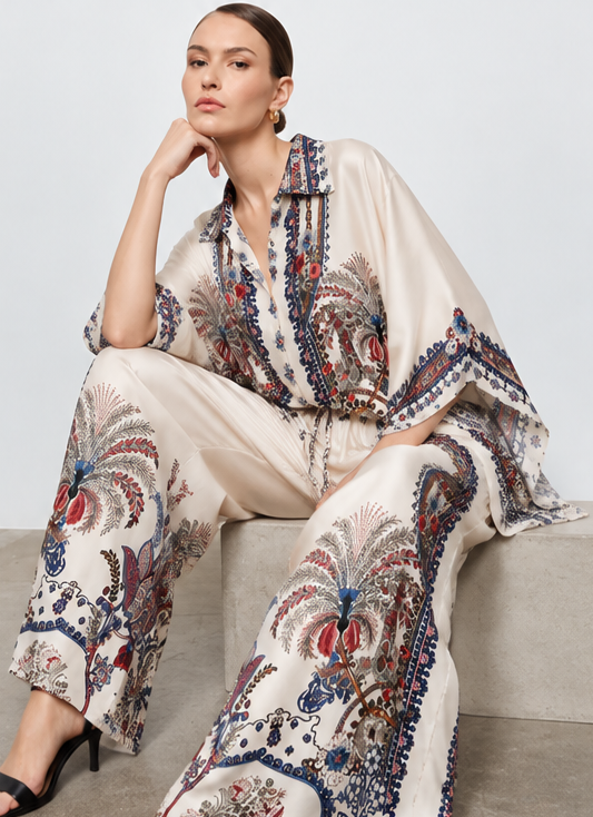 A model is shown in multiple views wearing a matching two-piece outfit consisting of a loose button-front top and wide-leg pants, both in a warm off-white base with a detailed multicolor paisley and floral print. The print features navy blue, rust red, and beige tones.