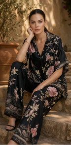 Woman wearing a black floral outfit in an outdoor setting