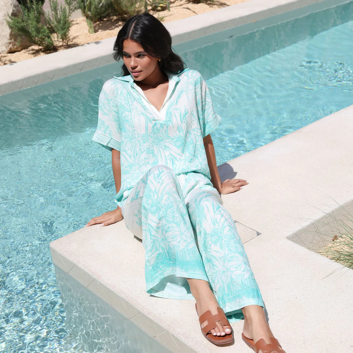 mint green tropical printed matching shirt and trouser co-ord set