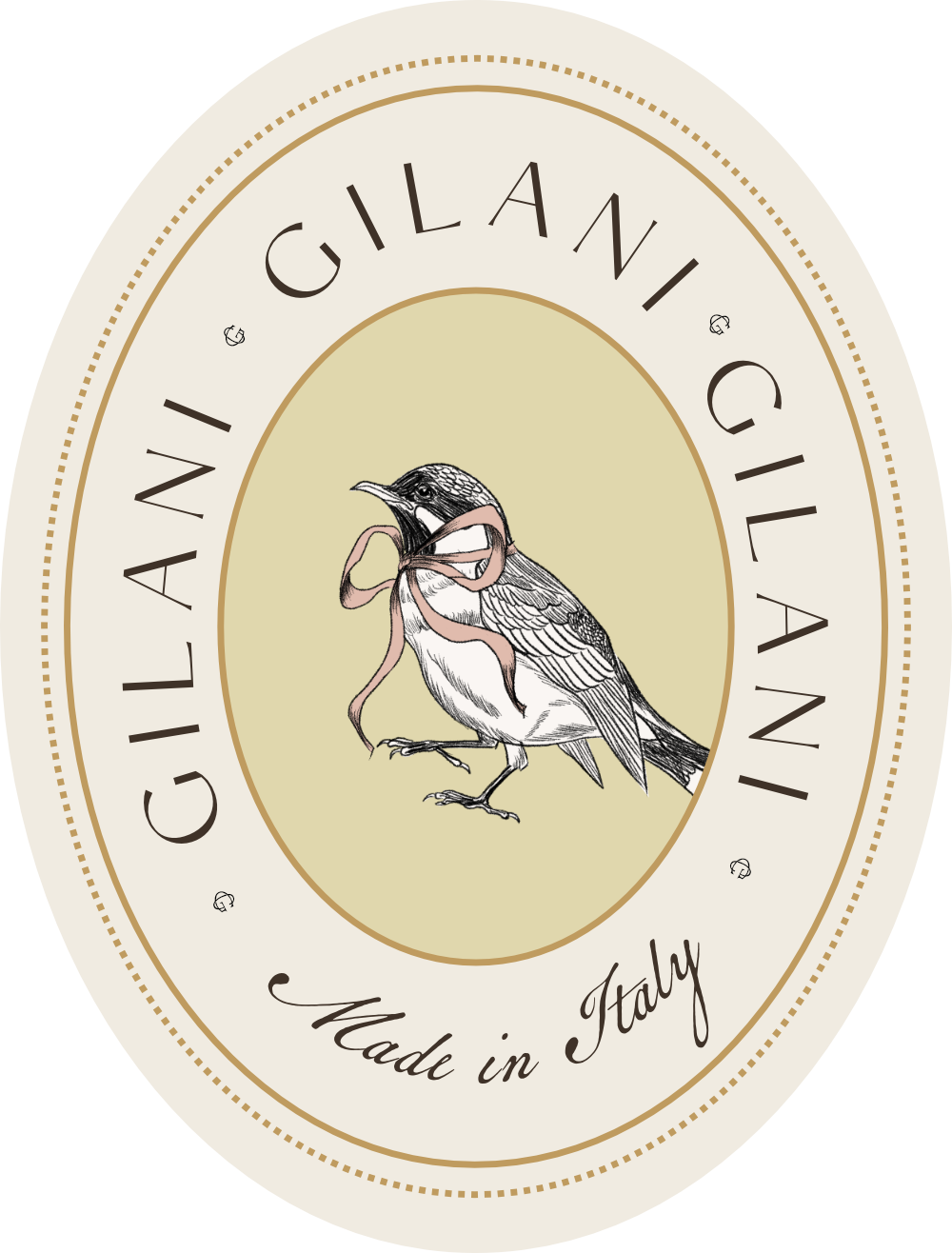 An oval vintage-style label or sticker featuring a central illustration of a bird holding a ribbon, with the text 'GILANI' repeated around the border and 'Made in Italy' at the bottom.