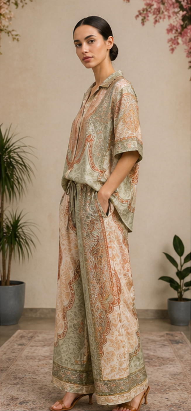 Woman wearing a patterned outfit standing in a room with plants.